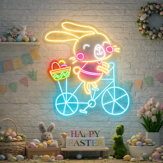 Bunny on Bike Easter LED neon sign glowing on wall with playful bunny riding a bike design for home decor, nursery, party, or shop display by Neon.Shop.