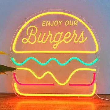 Burger Trendy Neon Sign in bright LED colors for kitchens, cafés, or party décor by Neon.Shop