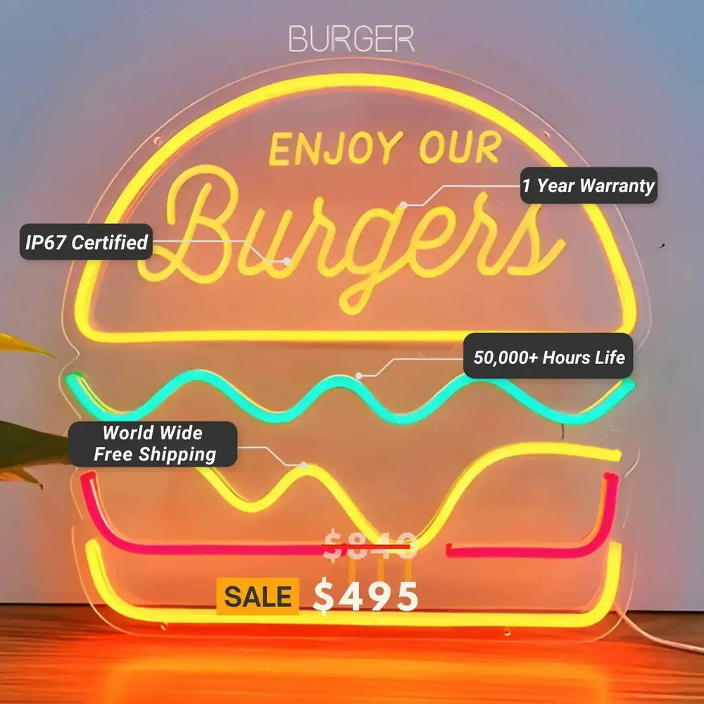 Burger Trendy Neon Sign in bright LED colors for kitchens, cafés, or party décor by Neon.Shop