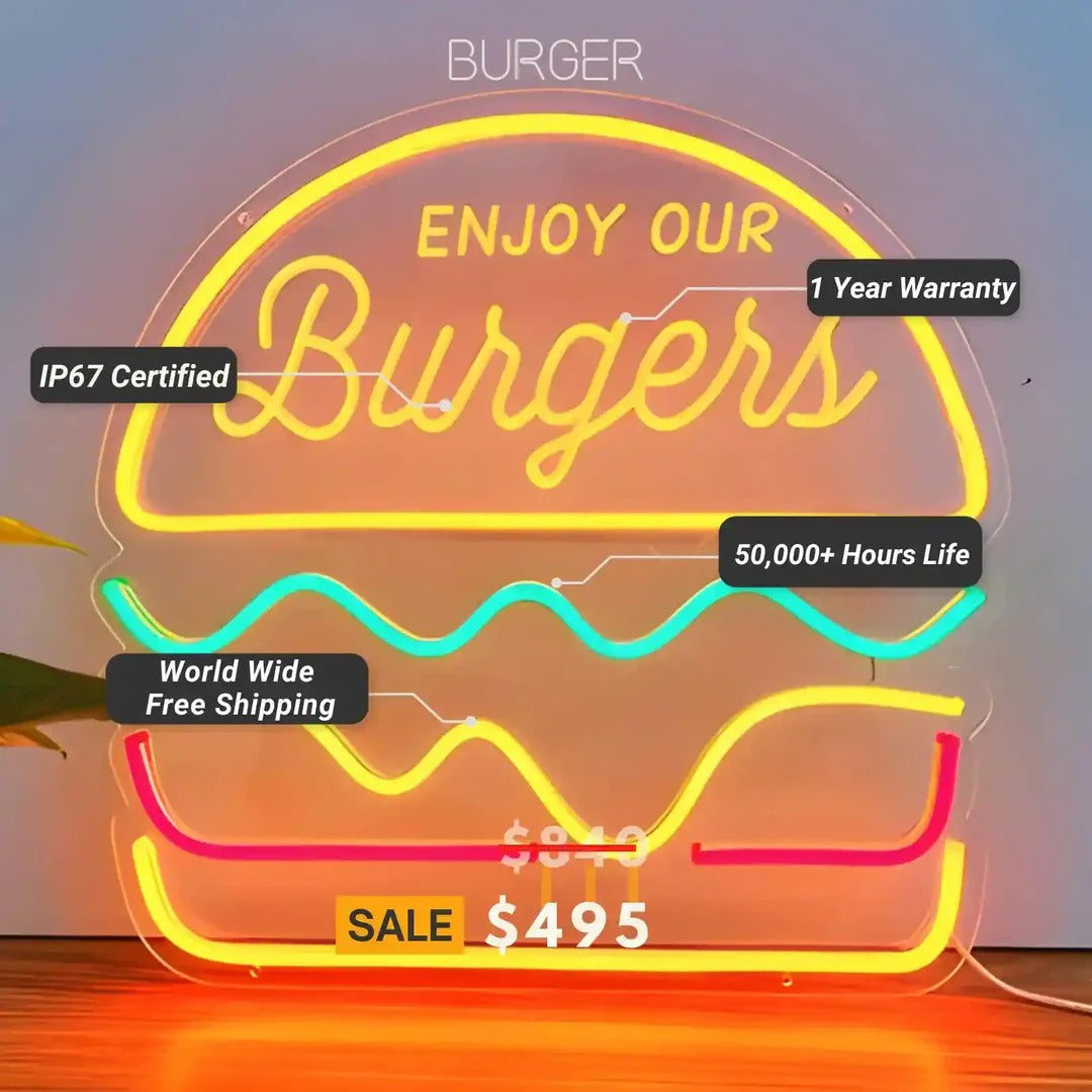 Burger Trendy Neon Sign in bright LED colors for kitchens, cafés, or party décor by Neon.Shop