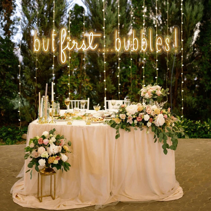 But First Bubbles neon sign for wedding décor by Neon.Shop