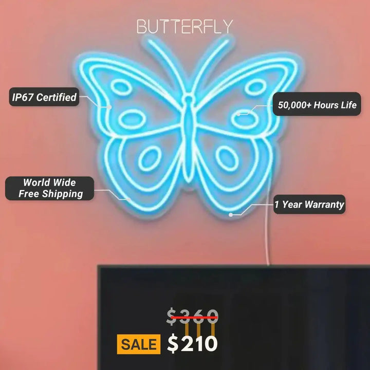 Butterfly Trendy Neon Sign in vibrant LED colors for bedroom, living room, or café décor from Neon.Shop -Specifications