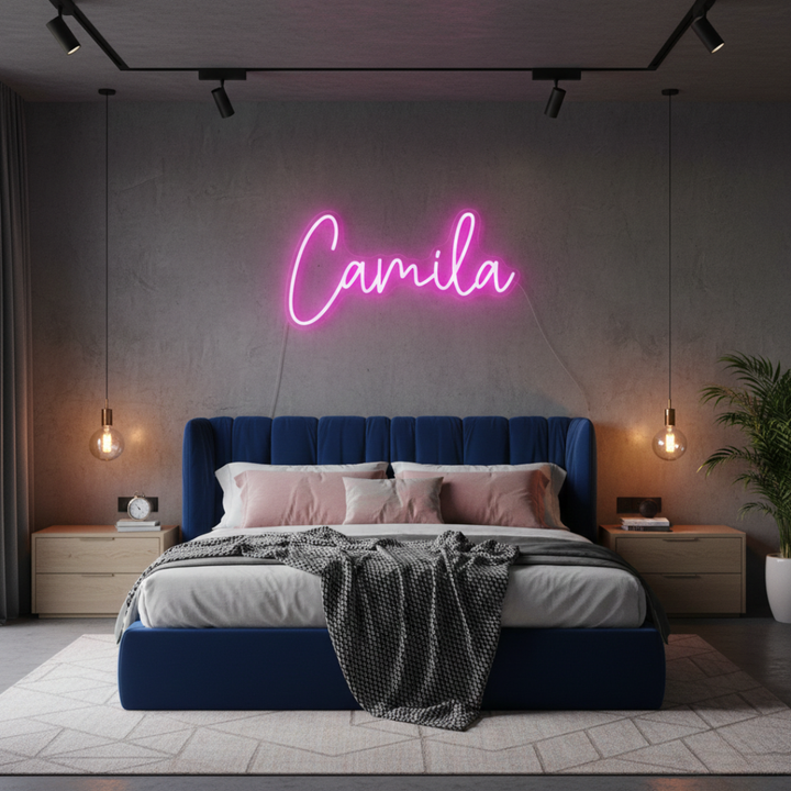 CAMILA Name LED Neon Sign by Neon.Shop glowing in vibrant LED colors, personalized name light for bedroom décor, studios, nurseries, parties, and modern home styling.