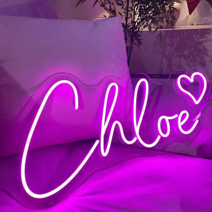CHLOE LED Neon Name Sign by Neon.Shop adding vibrant LED glow to bedrooms, home offices, and living spaces.