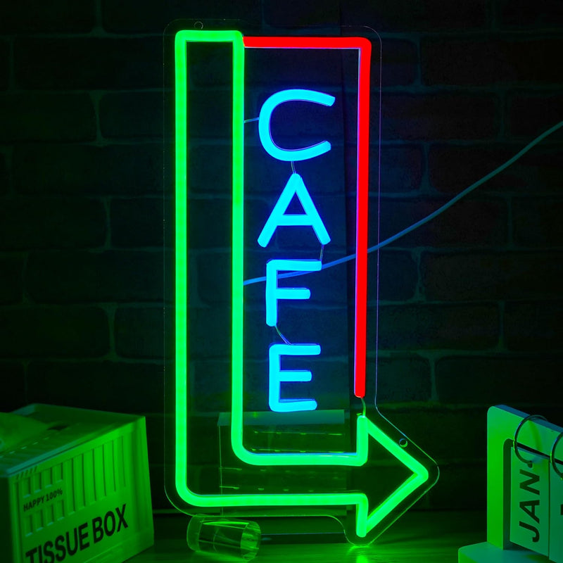 Cafe with Arrow LED neon sign by Neon.Shop mounted above a café entrance to attract foot traffic