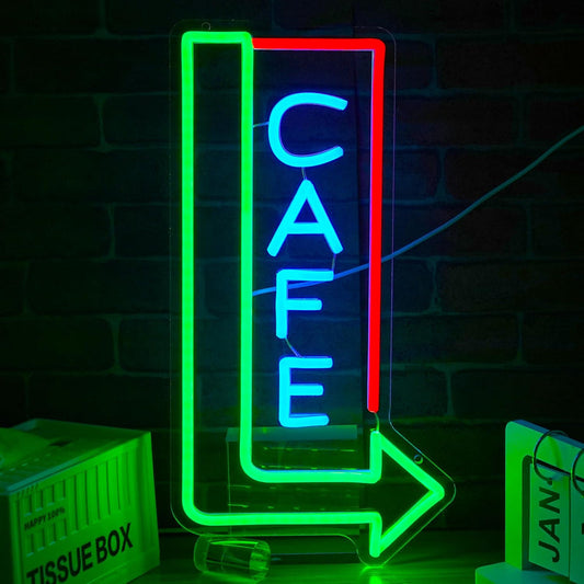 Cafe with Arrow LED neon sign by Neon.Shop mounted above a café entrance to attract foot traffic