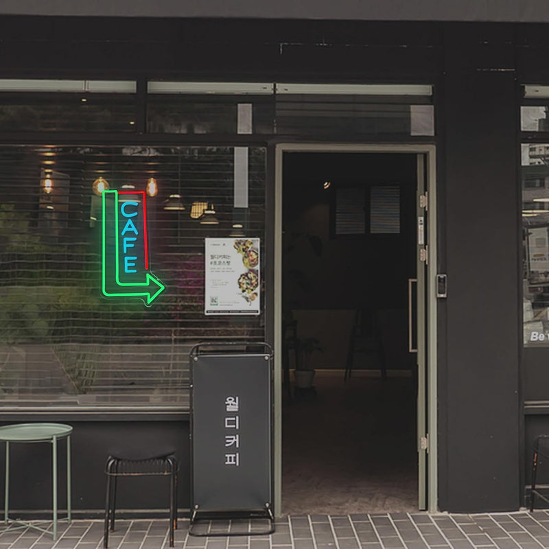 Cafe with Arrow LED neon sign by Neon.Shop mounted above a café entrance to attract foot traffic