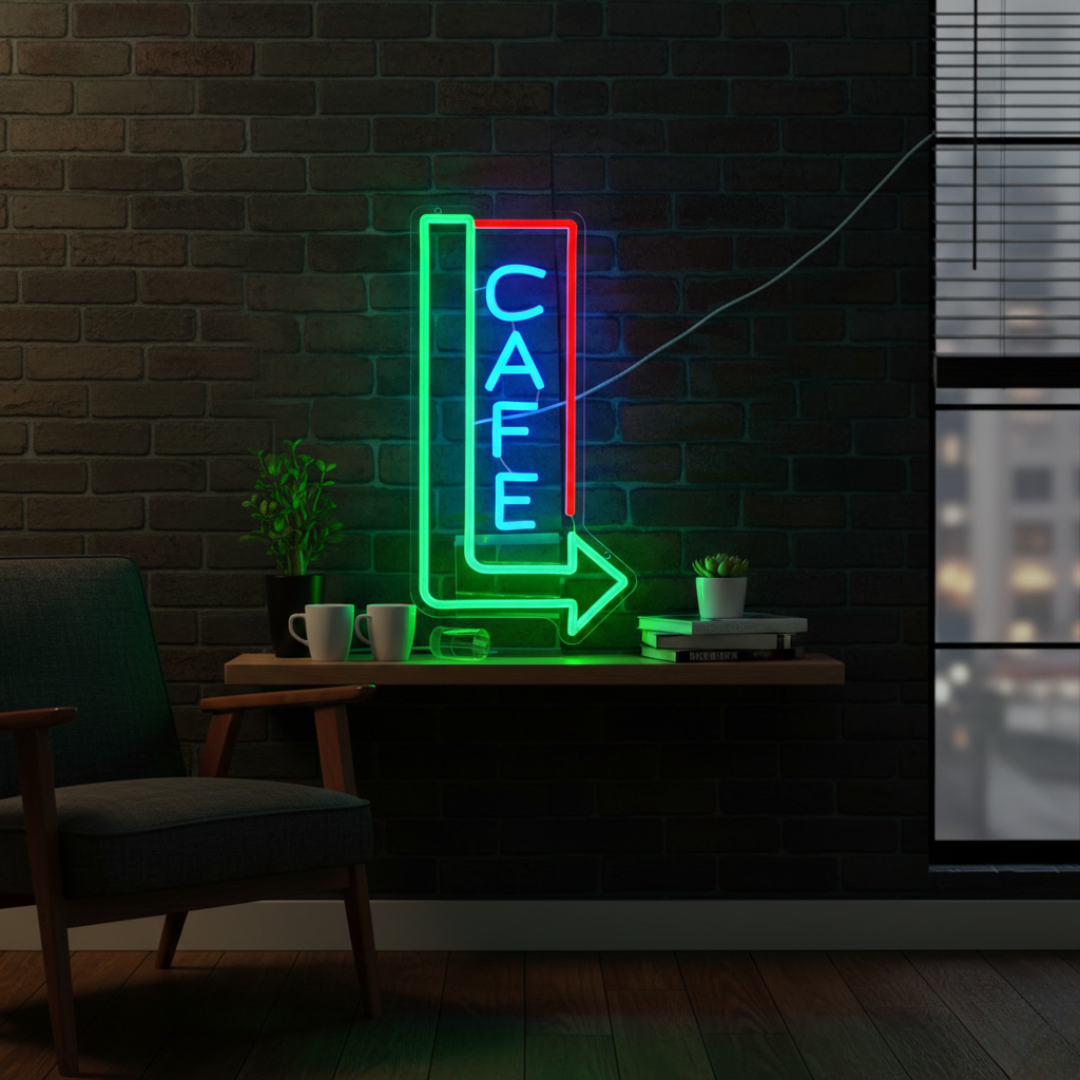 Cafe with Arrow LED neon sign by Neon.Shop mounted above a café entrance to attract foot traffic