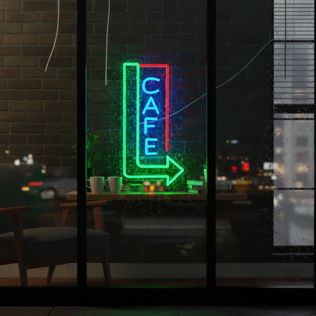 Cafe with Arrow LED neon sign by Neon.Shop mounted above a café entrance to attract foot traffic