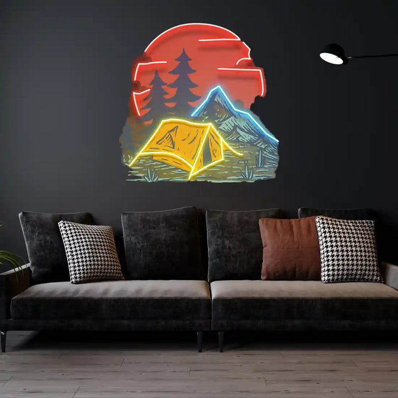 UV LED neon sign featuring Camping Under Red Moon design by Neon.Shop