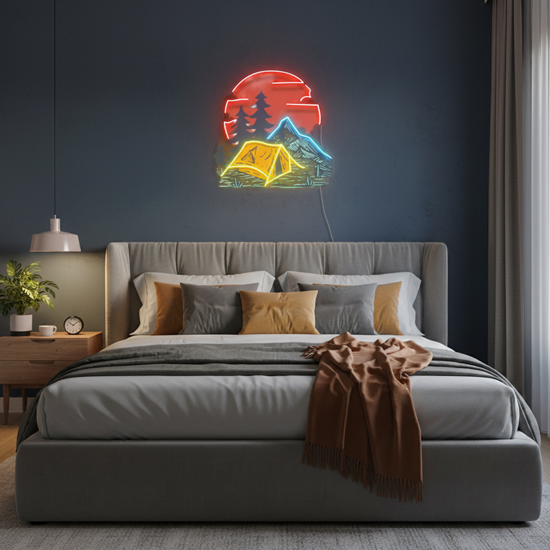 UV LED neon sign featuring Camping Under Red Moon design by Neon.Shop