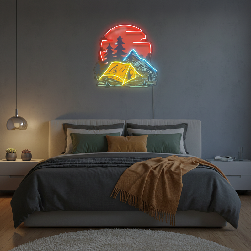 UV LED neon sign featuring Camping Under Red Moon design by Neon.Shop