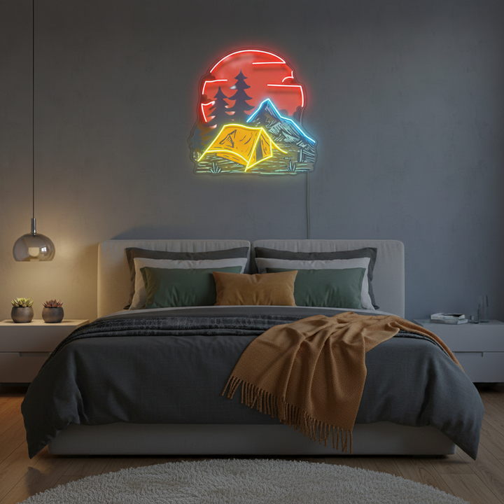 UV LED neon sign featuring Camping Under Red Moon design by Neon.Shop
