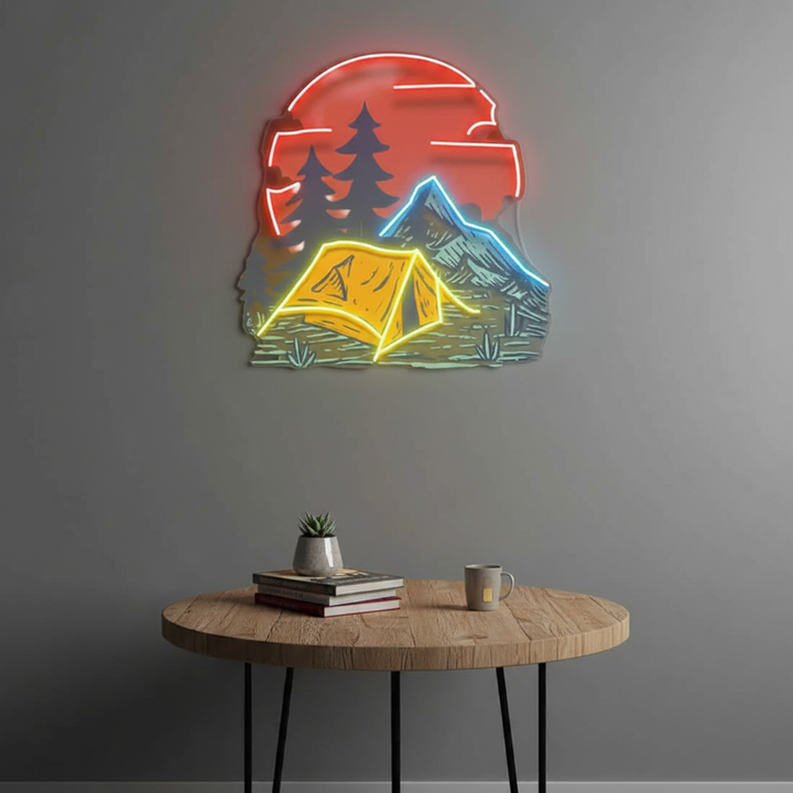 UV LED neon sign featuring Camping Under Red Moon design by Neon.Shop