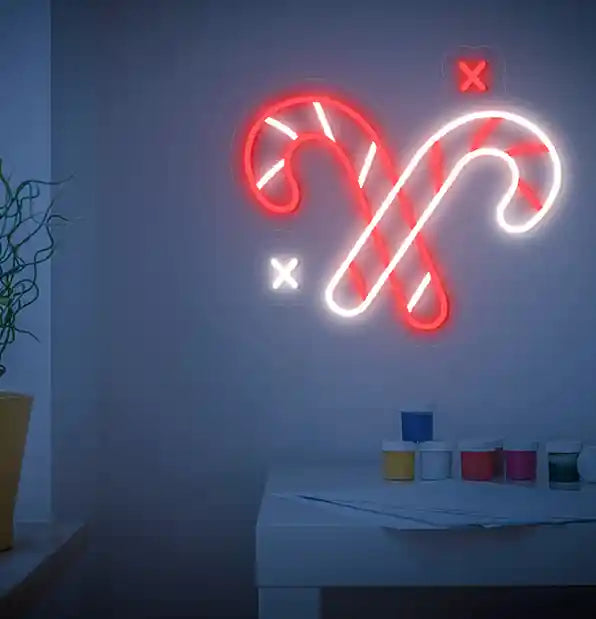Candy Cane Merry Christmas Neon Sign by Neon.Shop - Add a sweet touch to your décor with this festive candy cane neon sign.