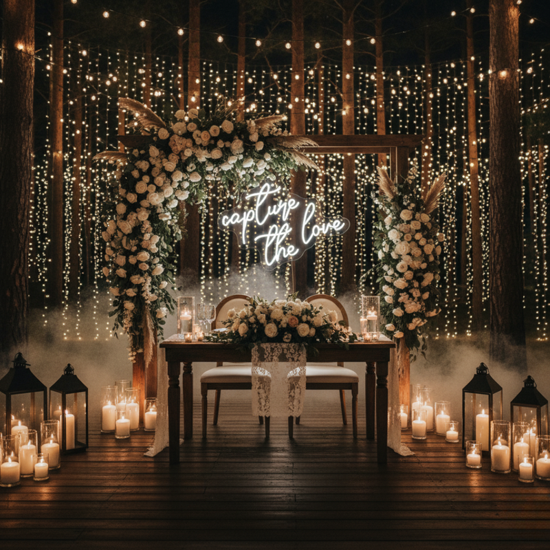 Capture the Love wedding LED neon sign glowing on photo booth backdrop – Neon.Shop