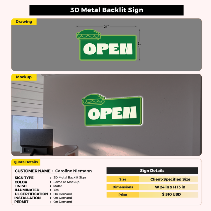 3D Metal Backlit Sign For Caroline Niemann