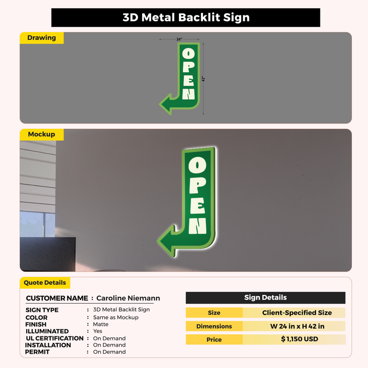 3D Metal Backlit Sign For Caroline Niemann