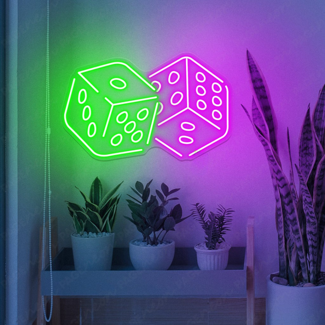 Casino Rolling Dice LED neon sign by Neon.Shop glowing on a wall as casino-themed gaming décor
