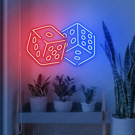 Casino Rolling Dice LED neon sign by Neon.Shop glowing on a wall as casino-themed gaming décor
