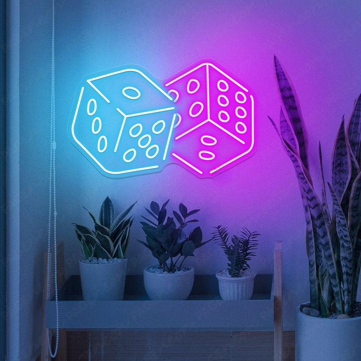 Casino Rolling Dice LED neon sign by Neon.Shop glowing on a wall as casino-themed gaming décor