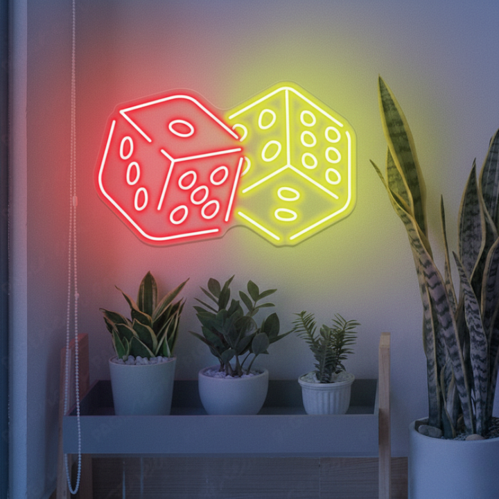 Casino Rolling Dice LED neon sign by Neon.Shop glowing on a wall as casino-themed gaming décor