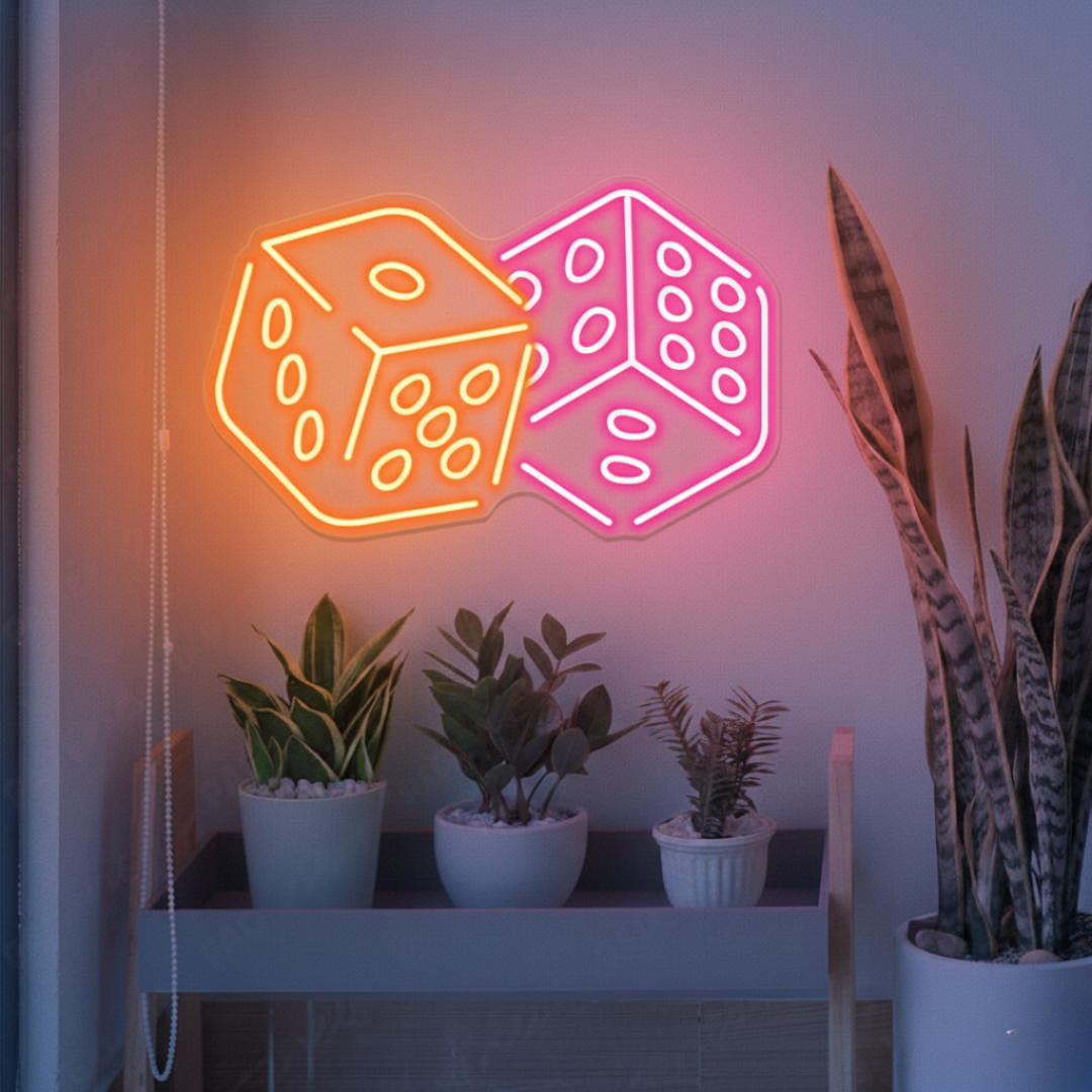 Casino Rolling Dice LED neon sign by Neon.Shop glowing on a wall as casino-themed gaming décor