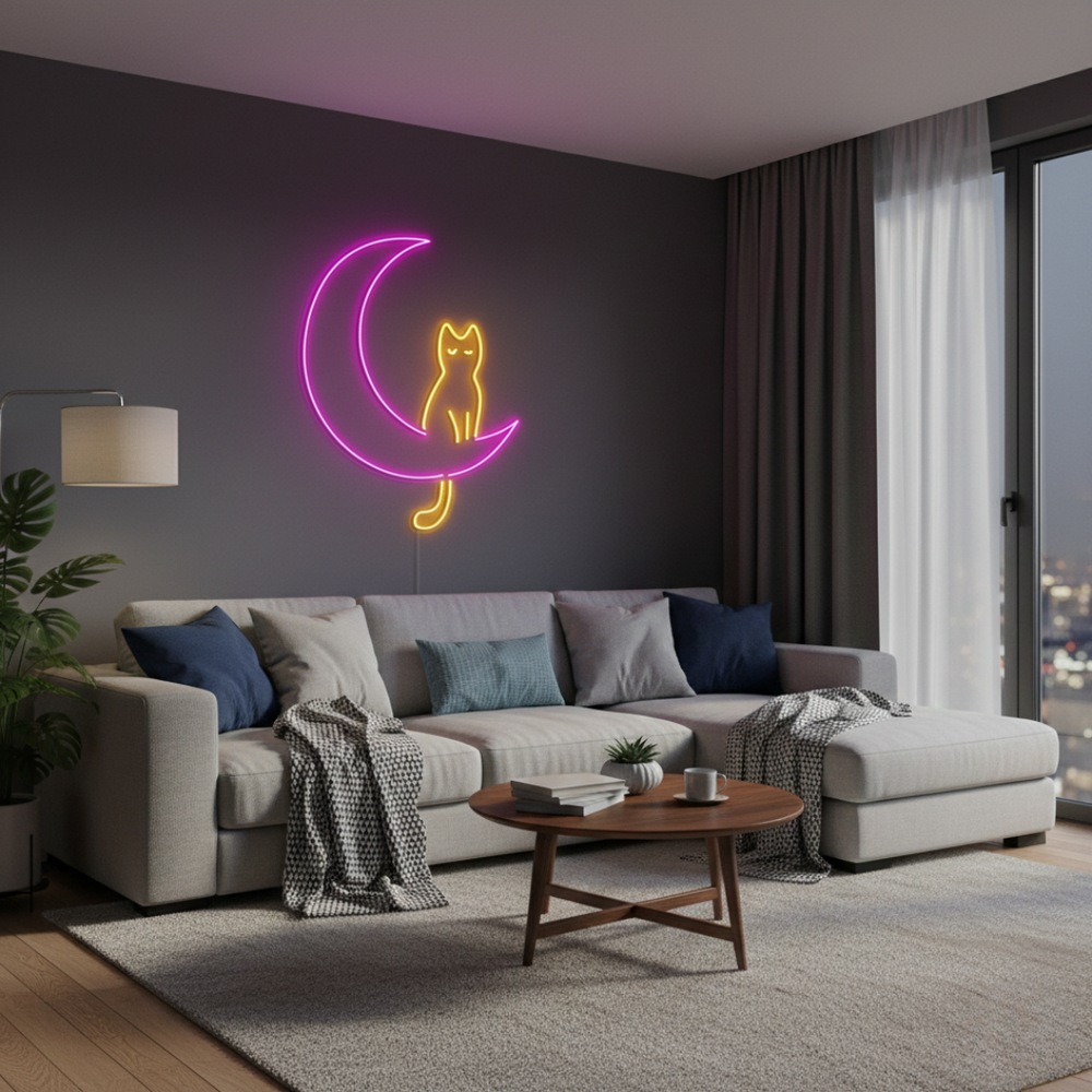 Cat LED Neon Sign glowing on wall for playful home décor by Neon.Shop