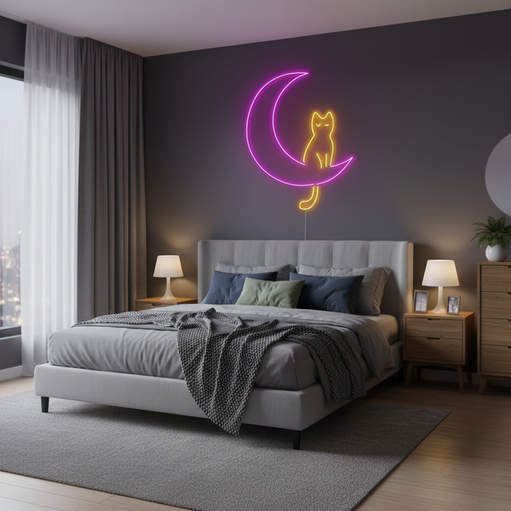 Cat LED Neon Sign glowing on wall for playful home décor by Neon.Shop