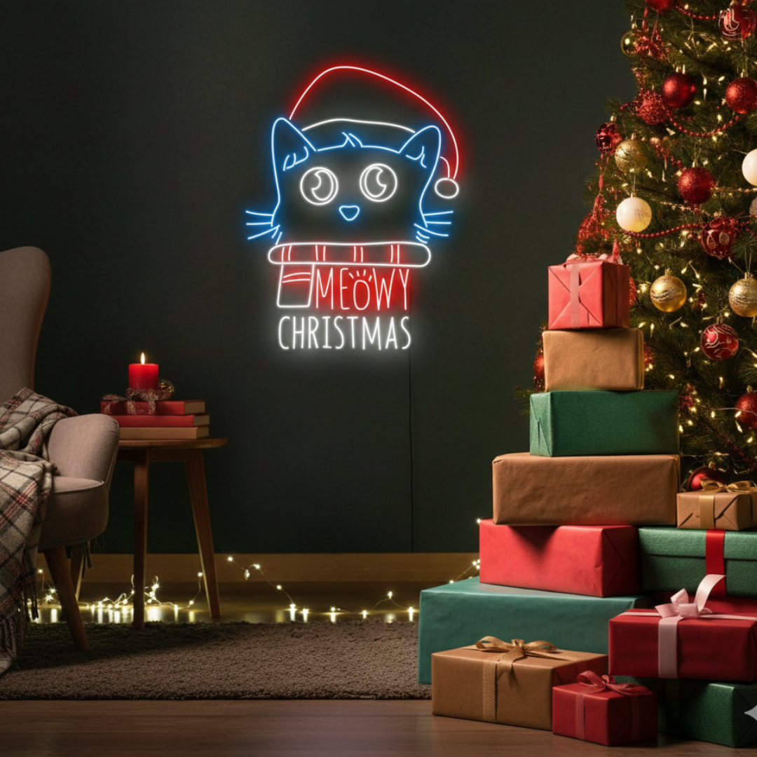 Cat Meowy Merry Christmas LED neon sign glowing in festive colors by Neon.Shop.
