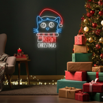 Cat Meowy Merry Christmas LED neon sign glowing in festive colors by Neon.Shop.