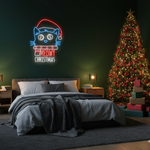 Cat Meowy Merry Christmas LED neon sign glowing in festive colors by Neon.Shop.