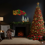 Cat in Noel Sock Merry Christmas LED neon sign glowing in festive colors by Neon.Shop.