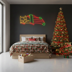 Cat in Noel Sock Merry Christmas LED neon sign glowing in festive colors by Neon.Shop.