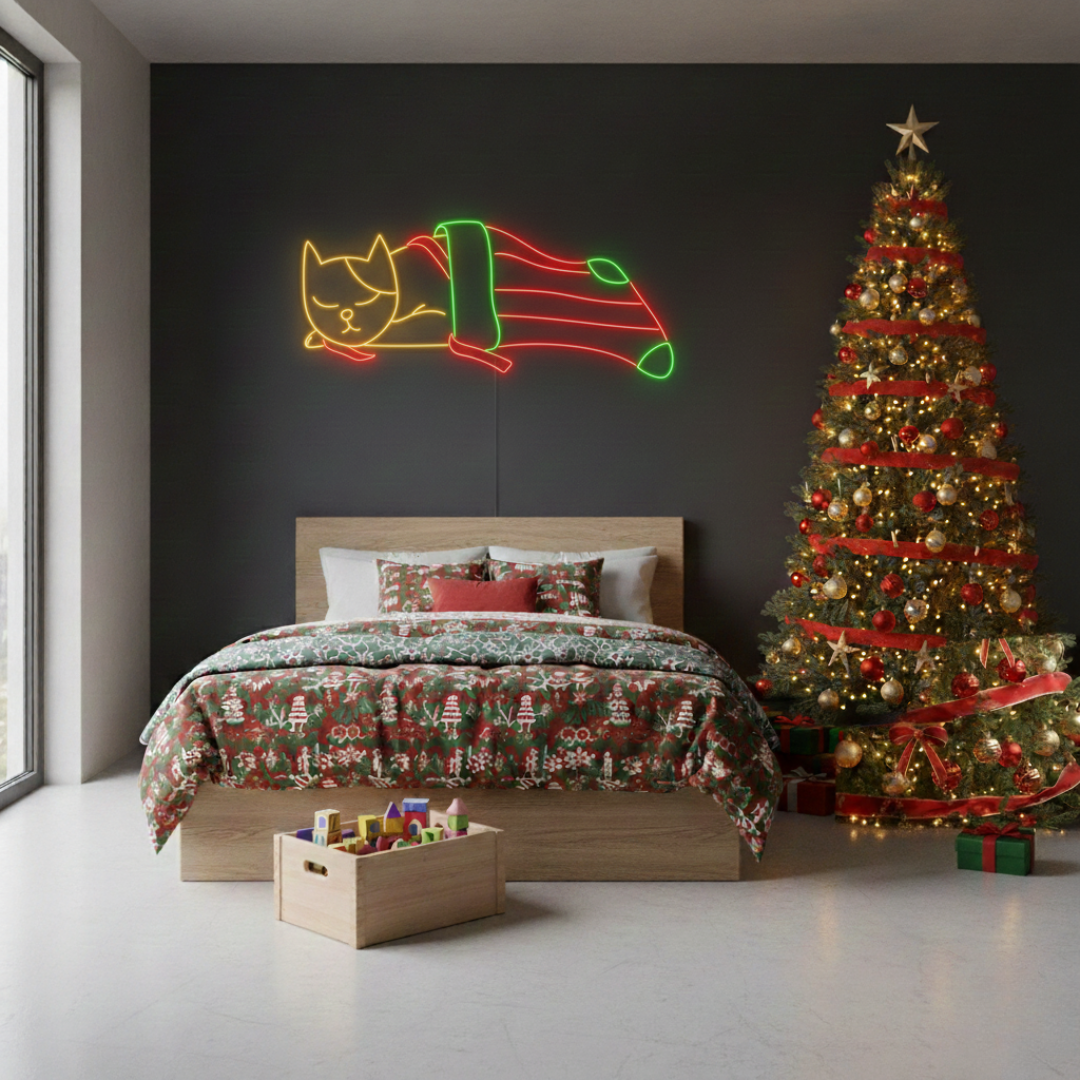 Cat in Noel Sock Merry Christmas LED neon sign glowing in festive colors by Neon.Shop.