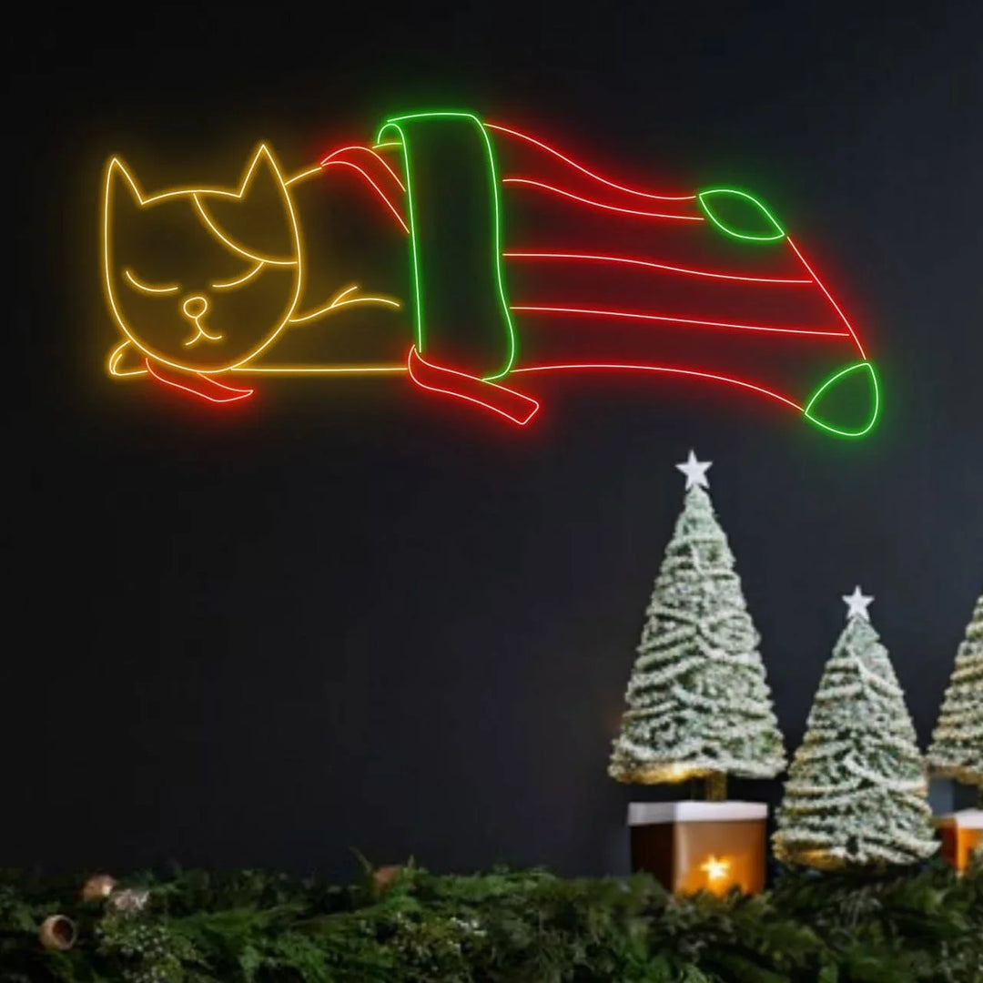 Cat in Noel Sock Neon Sign by manhattanneons.com - Add festive charm with this adorable cat-in-sock neon sign.