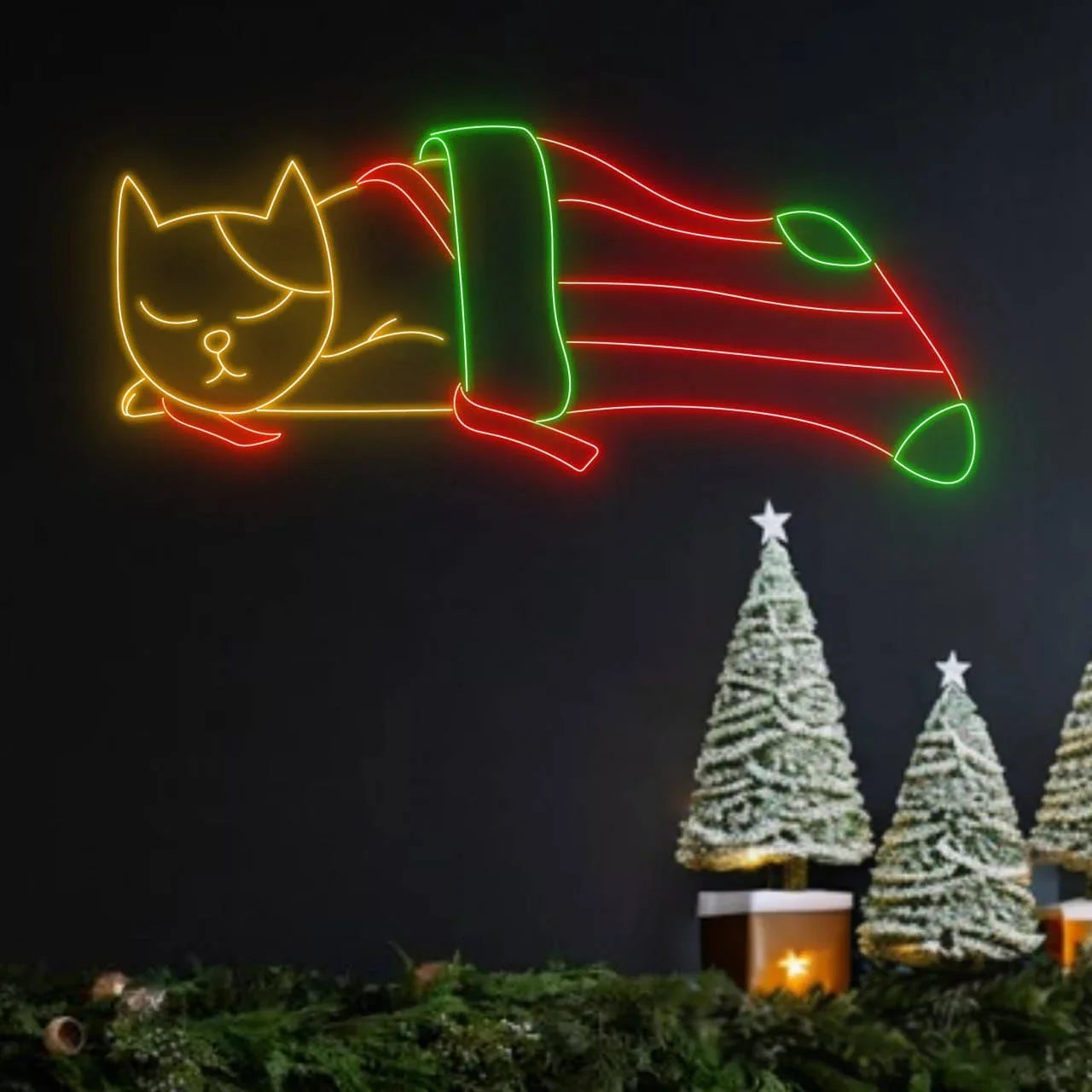 Cat in Noel Sock Merry Christmas LED neon sign glowing in festive colors by Neon.Shop.