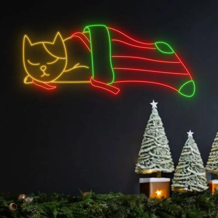 Cat in Noel Sock Neon Sign by manhattanneons.com - Add festive charm with this adorable cat-in-sock neon sign.