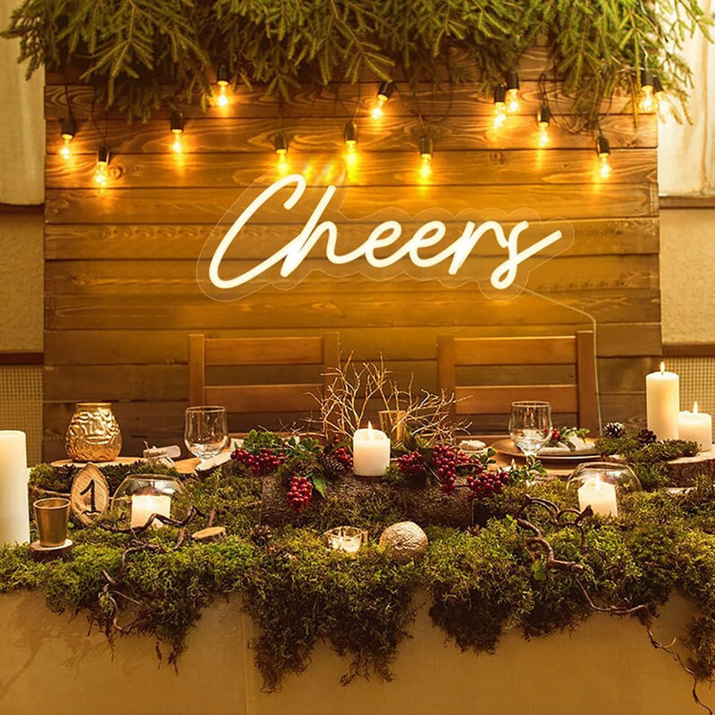 Cheers Wedding LED Neon Sign glowing at wedding bar by Neon.Shop
