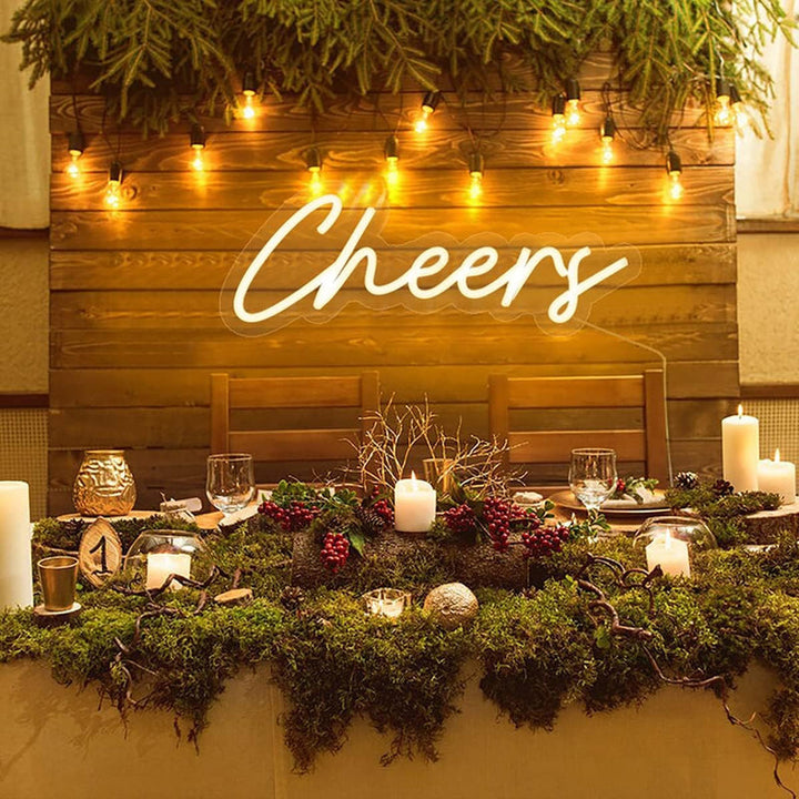Cheers Wedding LED Neon Sign glowing at wedding bar by Neon.Shop