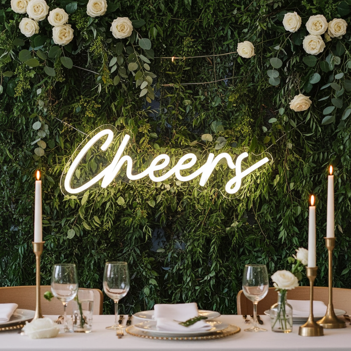 Cheers Wedding LED Neon Sign glowing at wedding bar by Neon.Shop