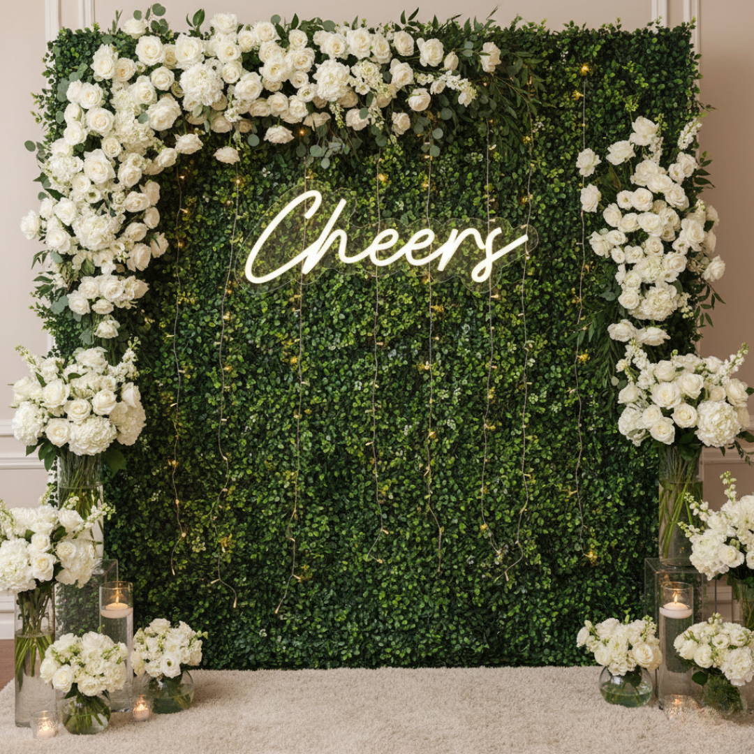 Cheers Wedding LED Neon Sign glowing at wedding bar by Neon.Shop