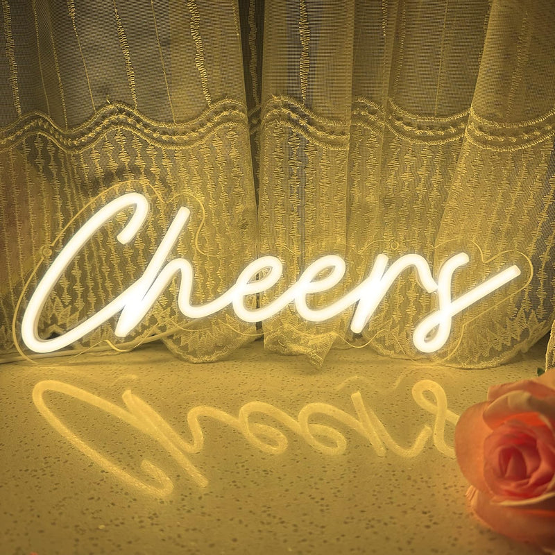Cheers Wedding LED Neon Sign glowing at wedding bar by Neon.Shop