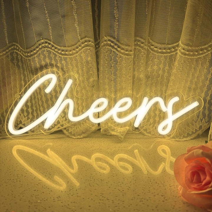 Cheers Wedding LED Neon Sign glowing at wedding bar by Neon.Shop