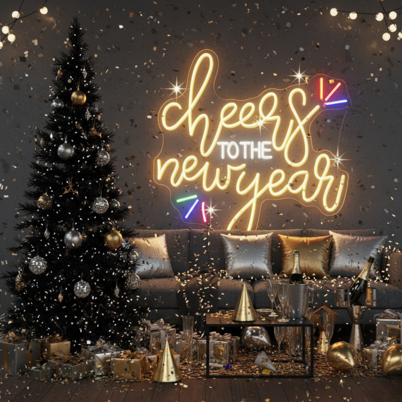 Cheers to the New Year' LED neon sign in warm white script font, mounted on a dark wall by Neon.Shop.