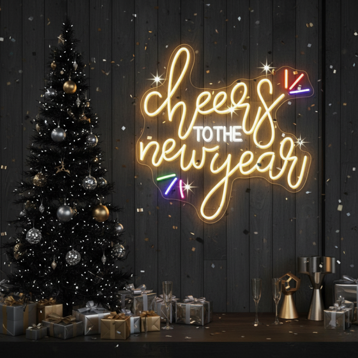 Cheers to the New Year' LED neon sign in warm white script font, mounted on a dark wall by Neon.Shop.
