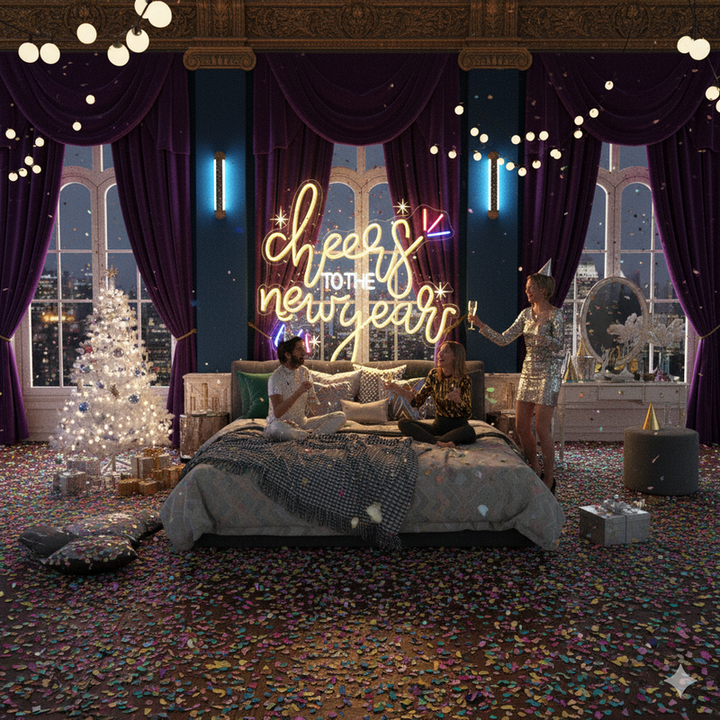 Cheers to the New Year' LED neon sign in warm white script font, mounted on a dark wall by Neon.Shop.