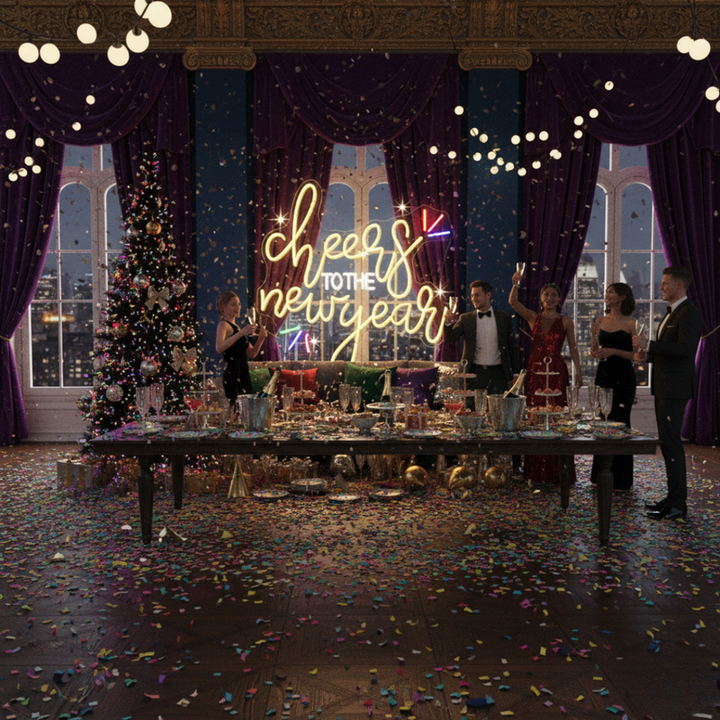 Cheers to the New Year' LED neon sign in warm white script font, mounted on a dark wall by Neon.Shop.