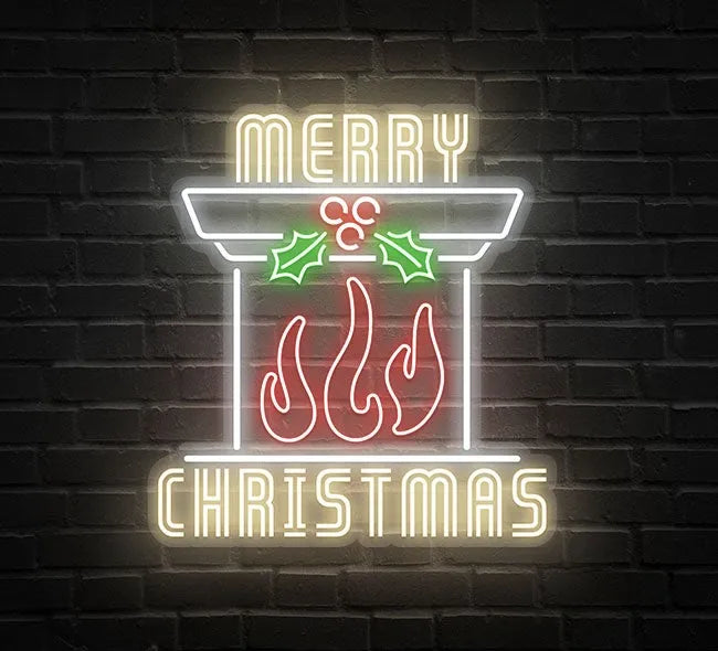 Chimney Merry Christmas Neon Sign by Neon.Shop featuring glowing chimney design with festive lettering for holiday décor.