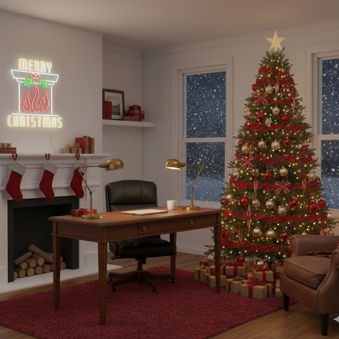Chimney Merry Christmas Neon Sign by Neon.Shop featuring glowing chimney design with festive lettering for holiday décor.